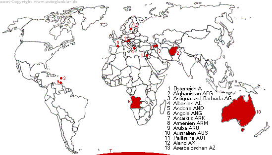 Weltkarte Länderautokennzeichen mit A