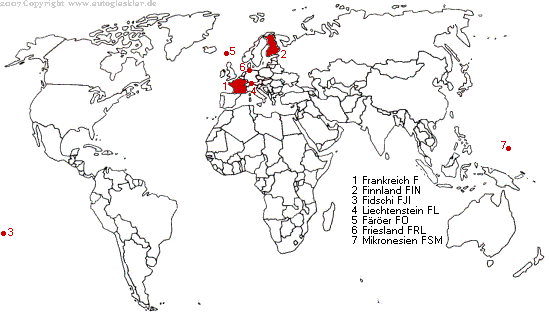 Weltkarte Länderautokennzeichen mit F