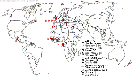 Weltkarte Länderautokennzeichen mit G