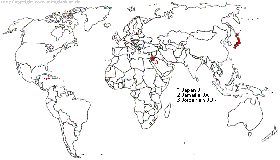 Weltkarte Länderautokennzeichen mit J
