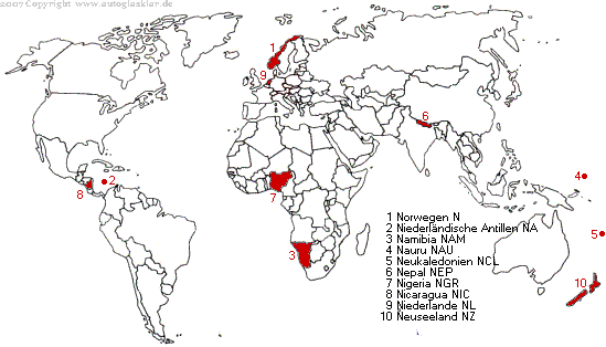 Weltkarte Länderautokennzeichen mit N