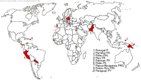 Weltkarte Länderautokennzeichen mit P
