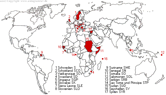Weltkarte Länderautokennzeichen mit S