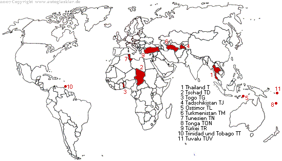 Weltkarte Länderautokennzeichen mit T